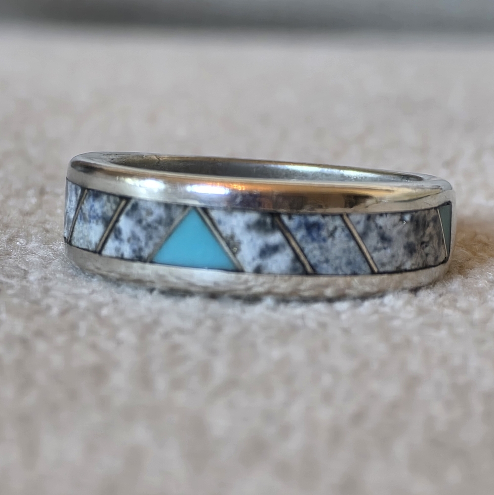 Sterling Silver Inlay Band – Turquoise & White Stone – Size 7.5 – Marked 925
